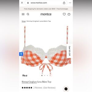 NWOT 2pcs Montce Shrimp Gingham Bikini top M with matching shapeable head wrap